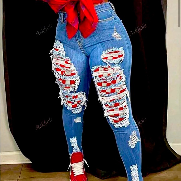 None Denim - brand new distressed jeans with checker print inside